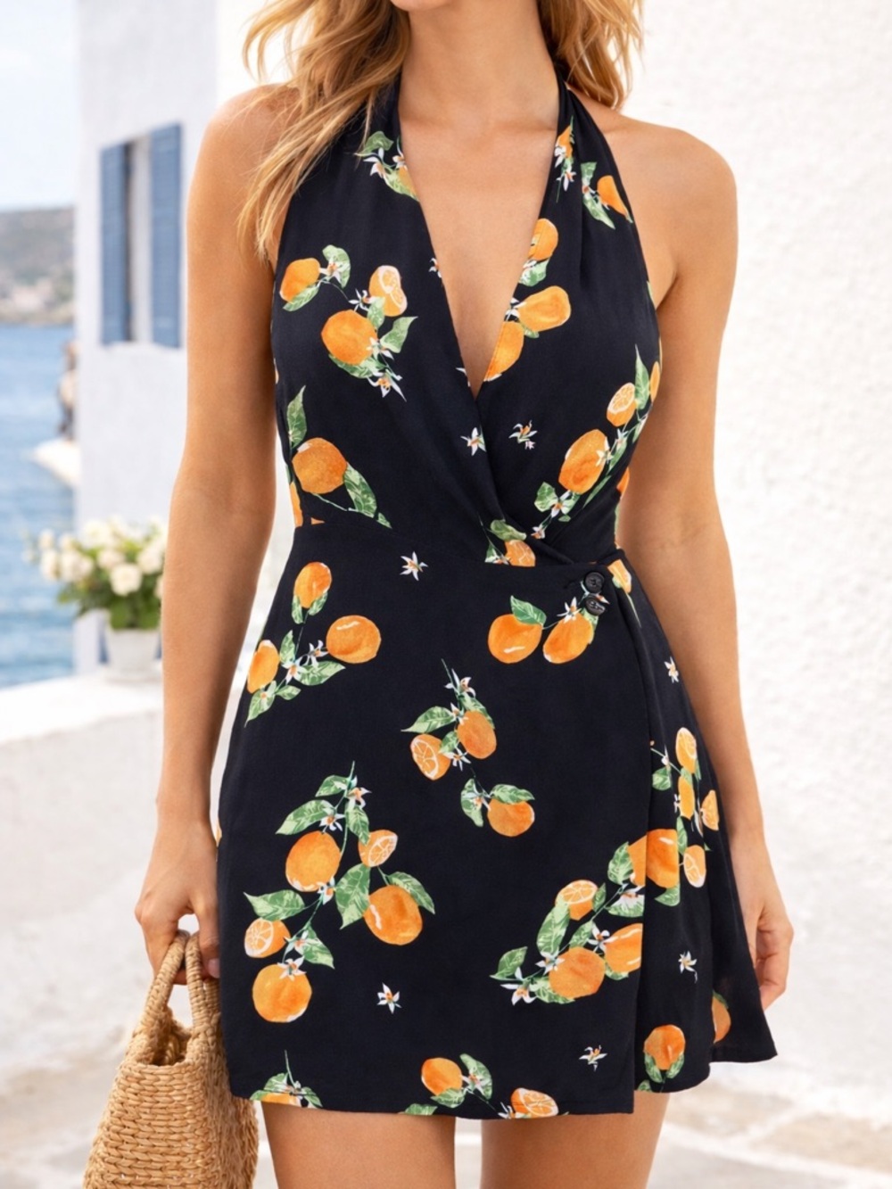 Leith (Nordstrom) Citrus Print Halter Wrap Mini Dress Black Orange Size Small.